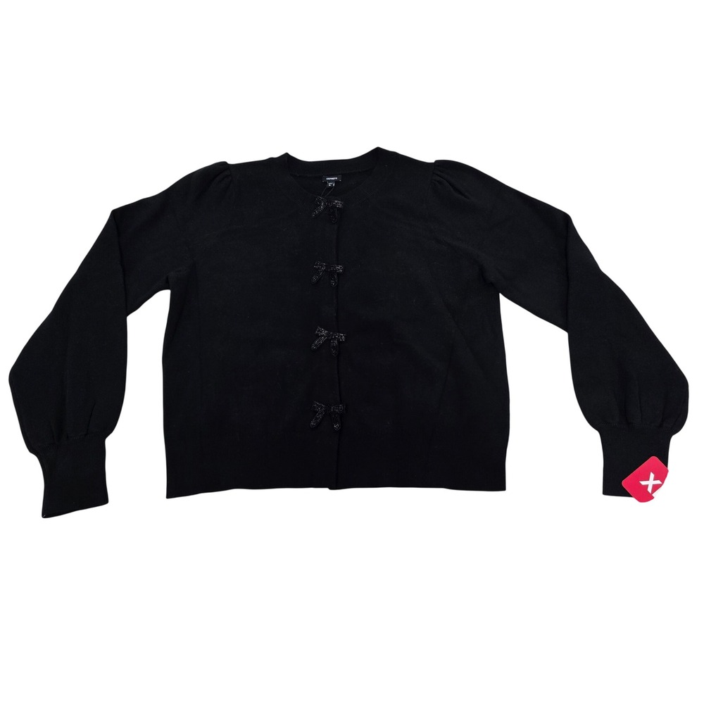 Express Black Beaded Bow Cardigan Sweater XL NWT Puff Sleeve Snap Front EX010685